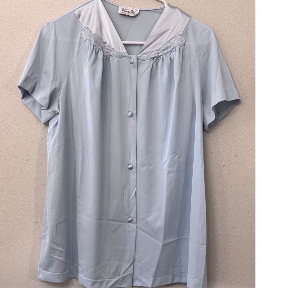 Vintage Vanity Fair Pajama Set Blue Nylon Lace Trim Button Front Size M USA Twee - Picture 2 of 8